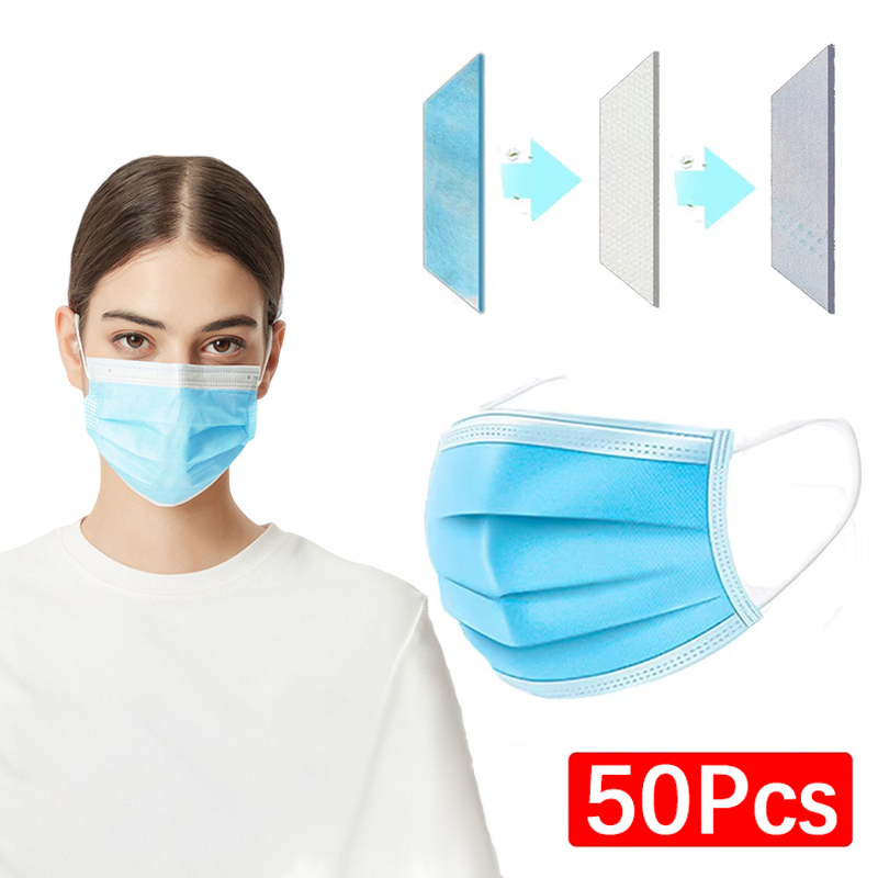 50Pcs Unisex 3-layer Mask Face - Disposable Mask Blue ulasan dan harga